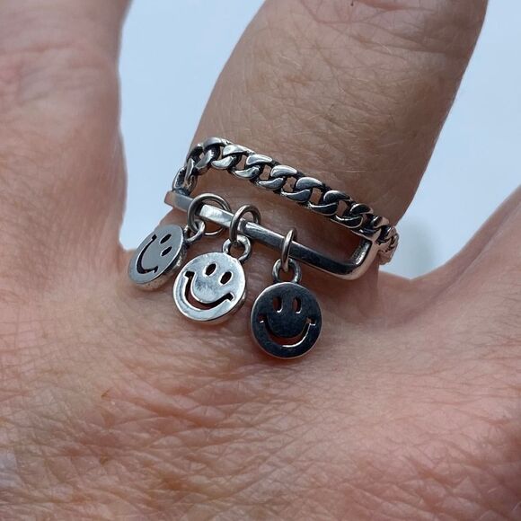 Sterling Silver Smile Happy Face Charm Adjustable Ring - Picture 1 of 5